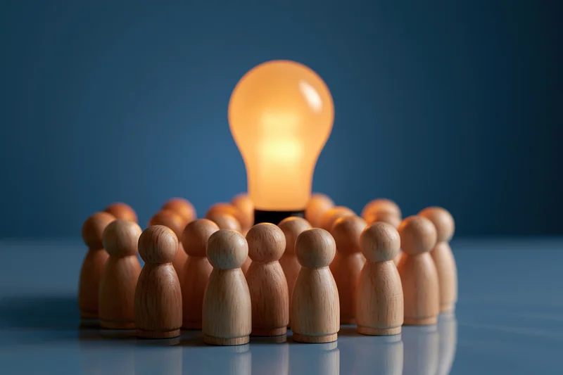 Glowing lightbulb surrounded by wooden figures arranged in a circle on a reflective surface