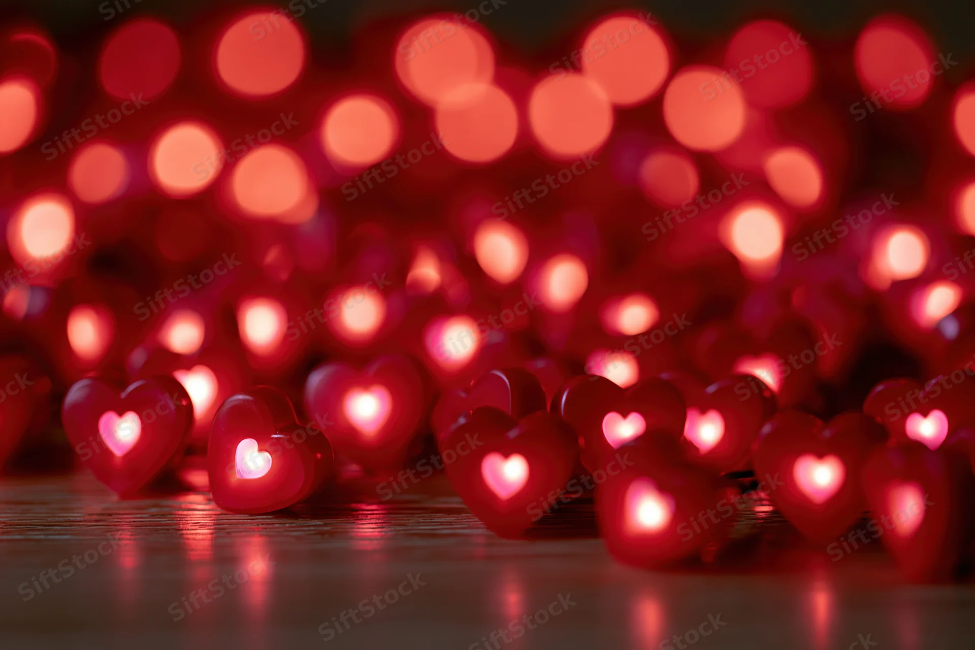 Heart-shaped lights glowing on a wooden surface with soft bokeh background