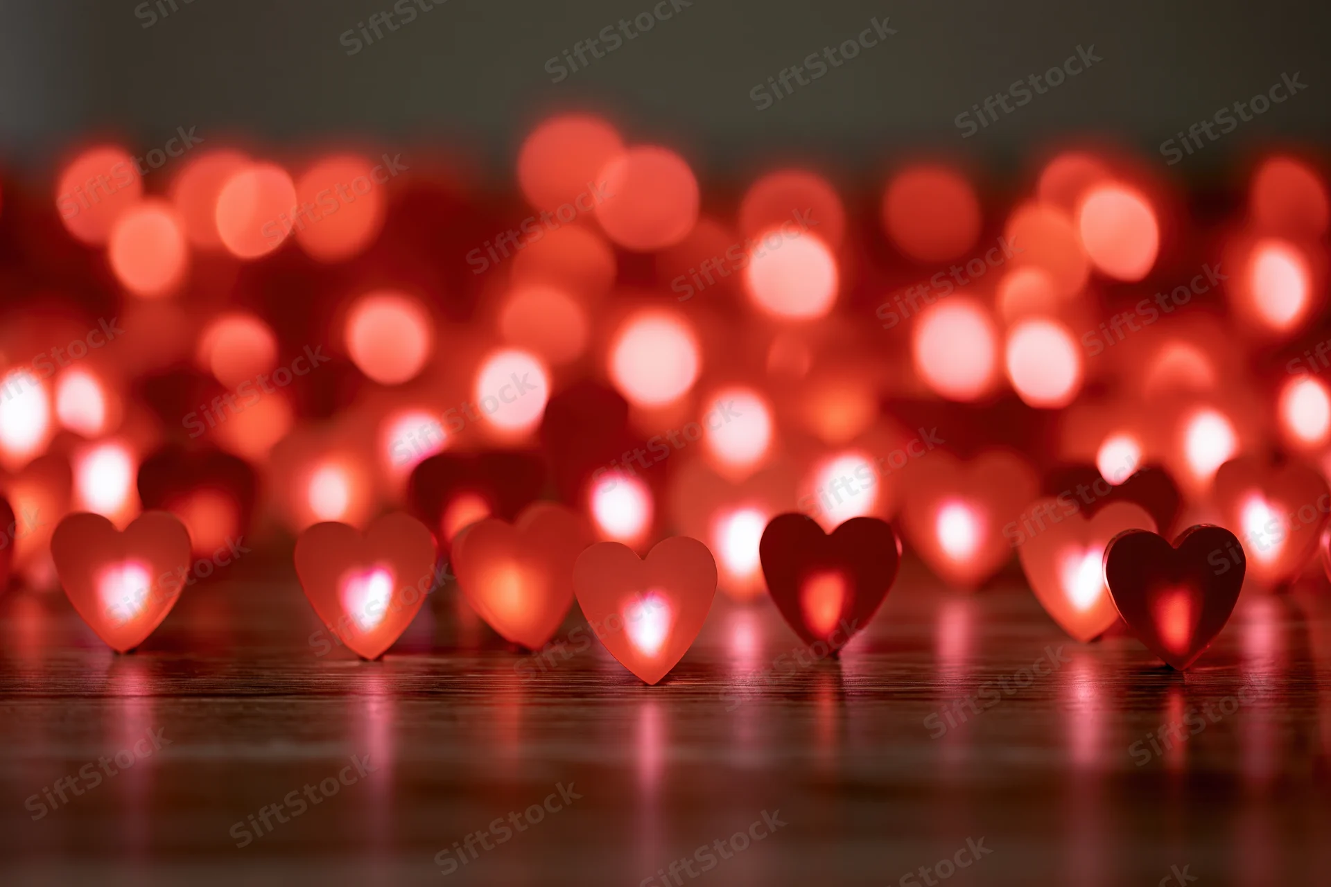 Heart-shaped lights glowing on a wooden surface with soft bokeh background