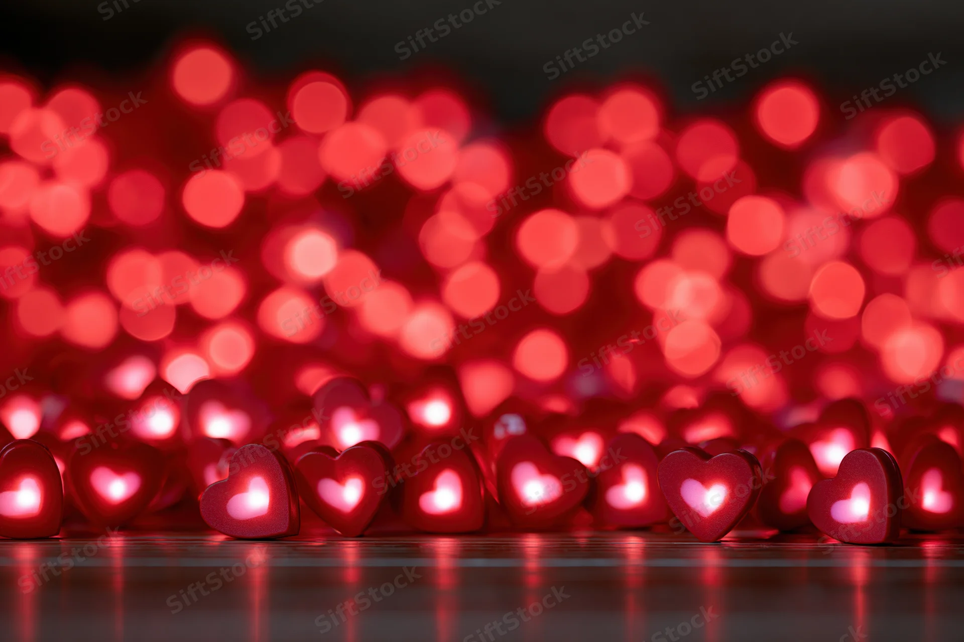 Glowing red heart-shaped lights arranged in rows on a reflective surface with soft bokeh background