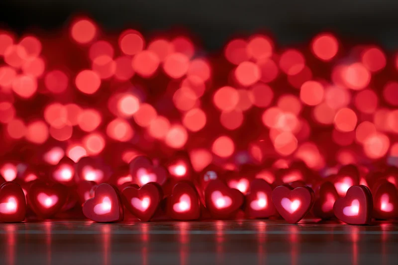 Glowing red heart-shaped lights arranged in rows on a reflective surface with soft bokeh background