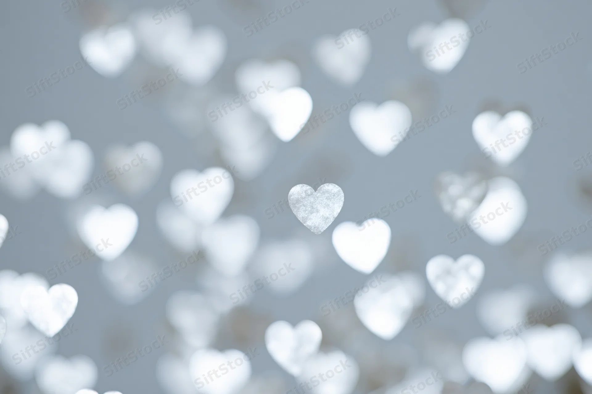 Soft bokeh background with scattered heart-shaped light spots in silver and white