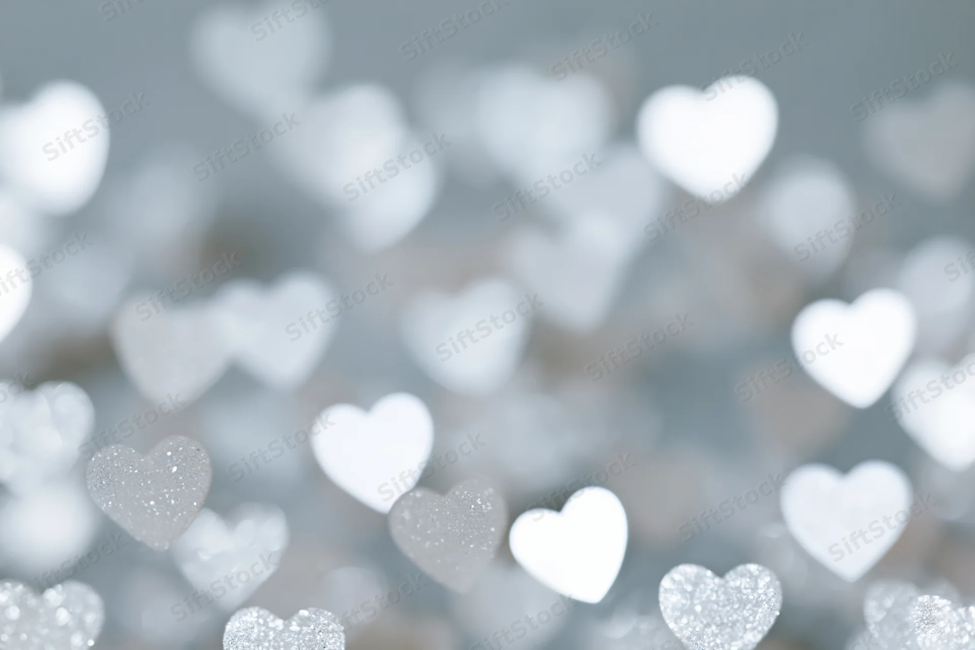 Soft bokeh background with scattered heart-shaped light spots in white and silver