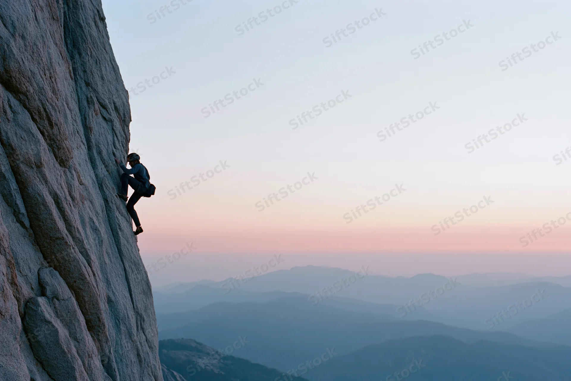 Solo climber ascending steep granite cliff at dusk with mountain range in background