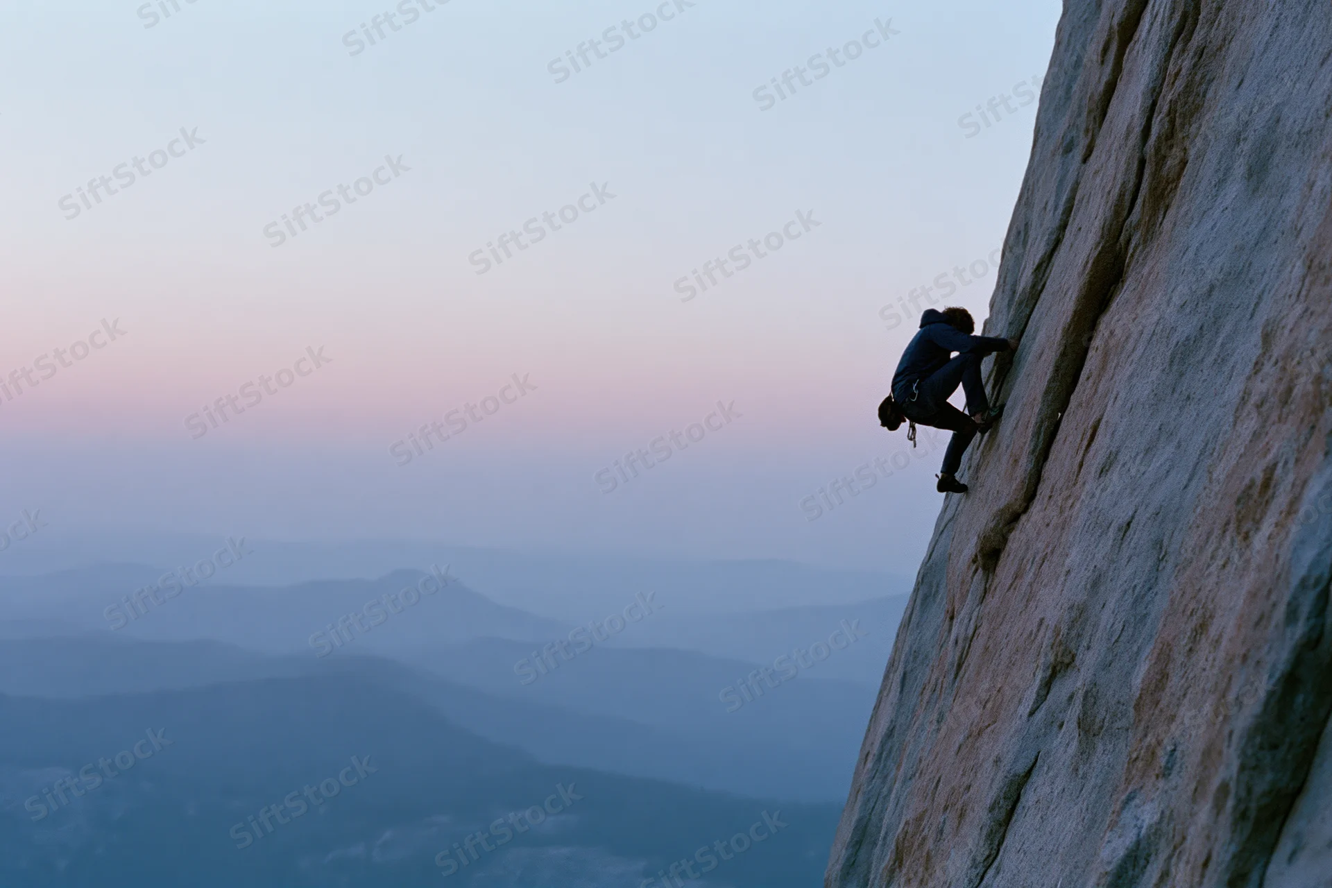 Solo climber ascending steep granite cliff at dusk overlooking mountain valley