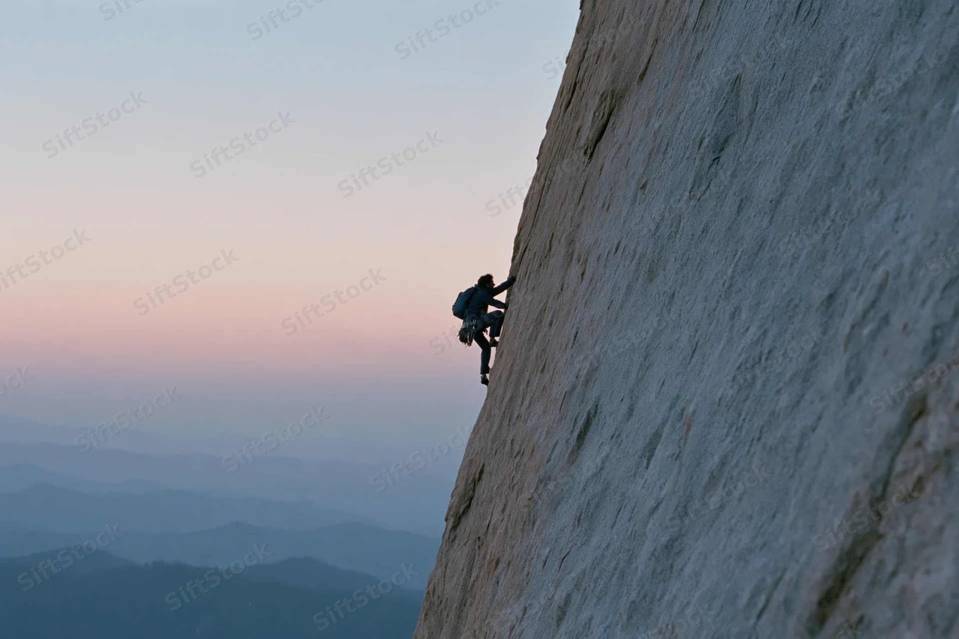 Solo climber ascending steep granite cliff at dusk with mountain valley in background