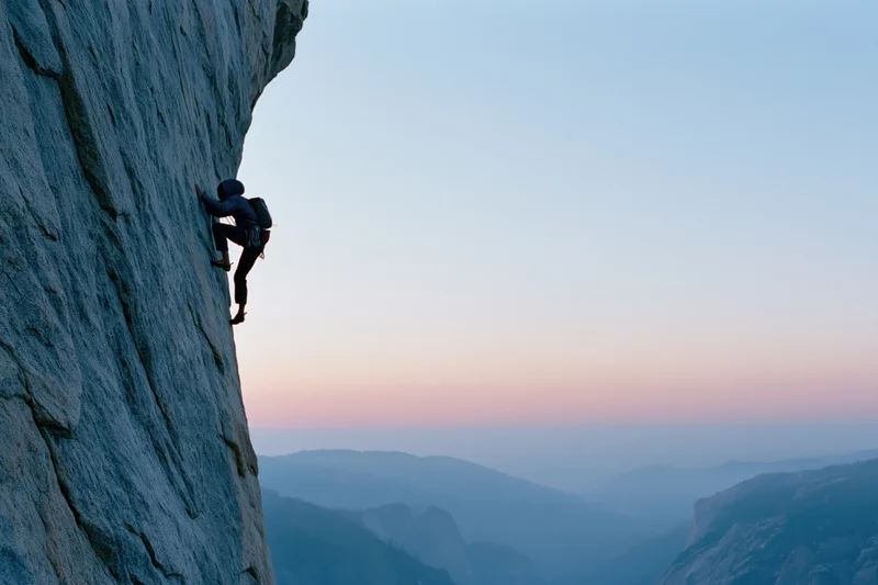 Solo climber ascending steep granite cliff at dusk overlooking mountain valley