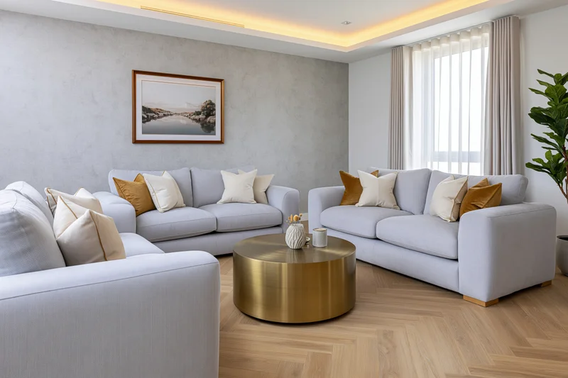 Spacious contemporary living room with light gray sofas arranged around a brass coffee table on herringbone wood flooring