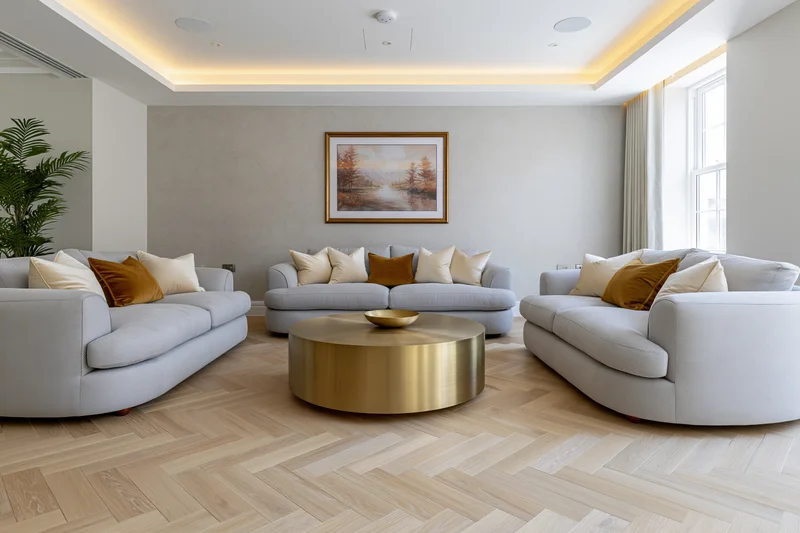 Contemporary living room with light grey sofas arranged around a gold coffee table on herringbone wood flooring