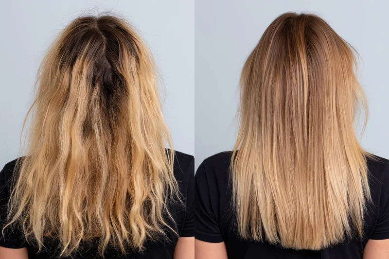 Rear view of a woman’s blonde hair before and after treatment showing frizzy damaged hair transformed to smooth straight hair