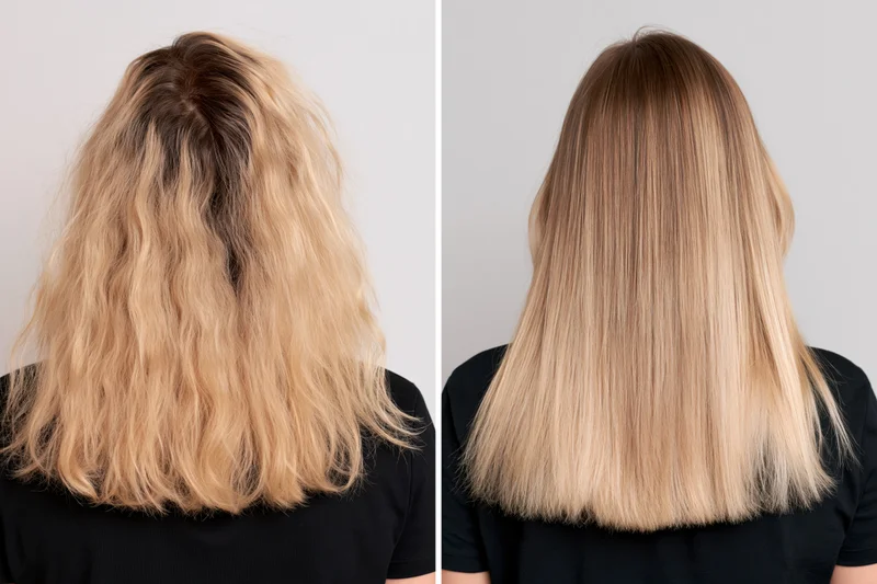 Woman's blonde hair before and after treatment showing frizzy wavy texture versus smooth straight result