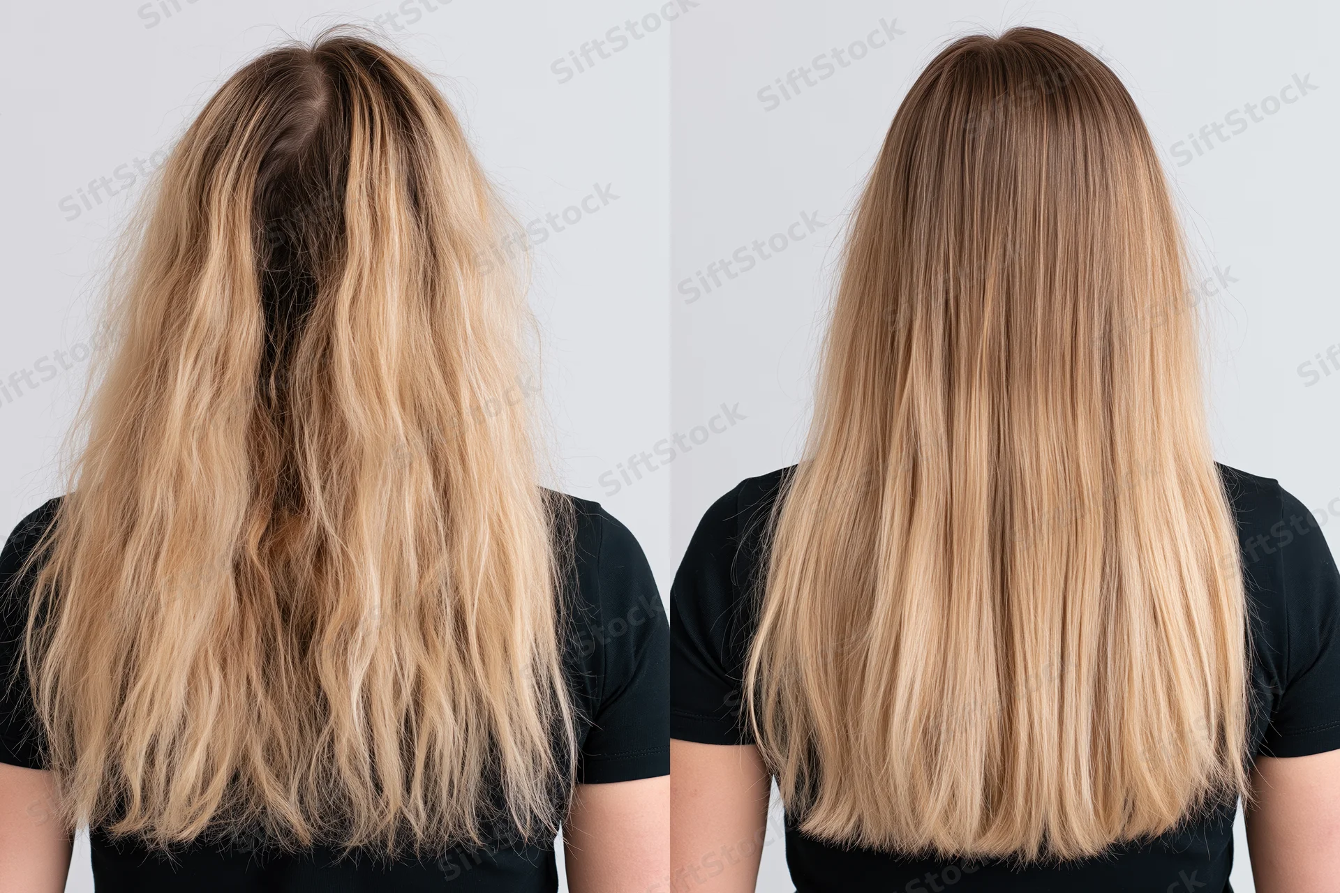 Back view of a woman with long blonde hair showing frizzy damaged hair before and smooth shiny hair after treatment in studio setting