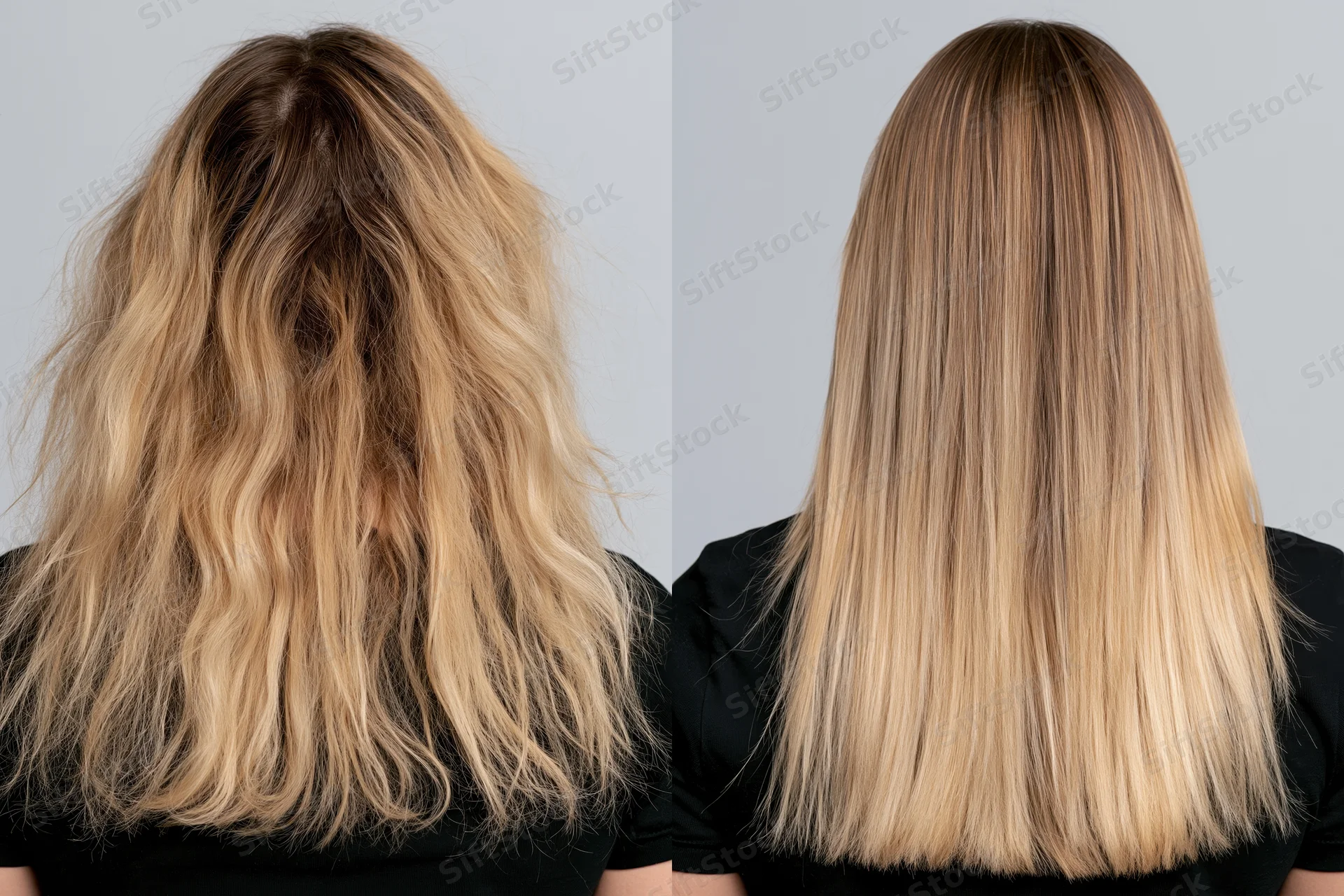 Back view of a woman’s blonde hair before and after treatment showing wavy frizzy texture versus smooth straight result