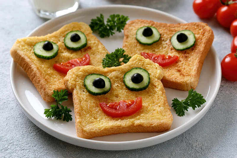 Three golden toast slices with cucumber and tomato faces arranged on a white plate with parsley garnish