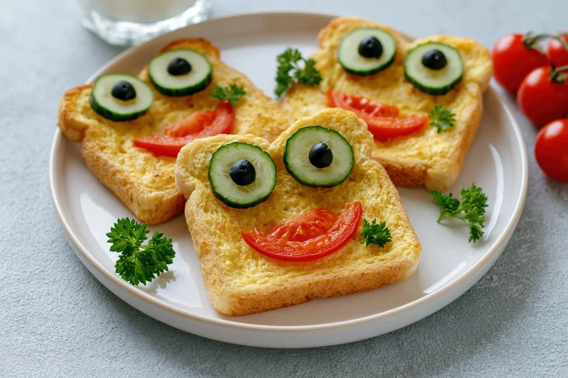 Three golden-fried toast slices with cucumber and tomato faces arranged on a white ceramic plate