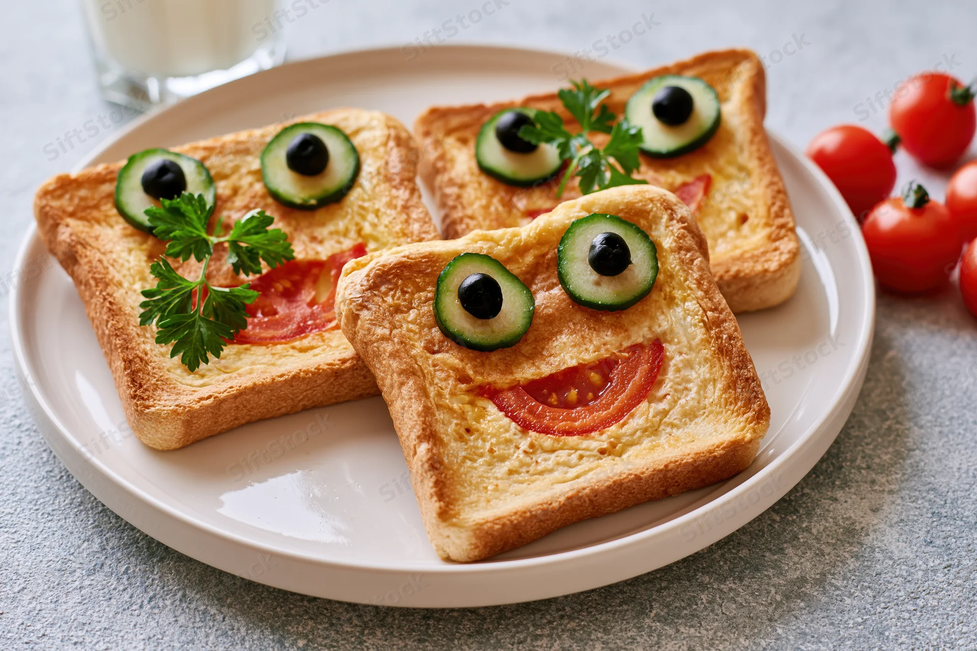 Three toast slices decorated with cucumber eyes and tomato smiles on a white plate with milk and cherry tomatoes nearby