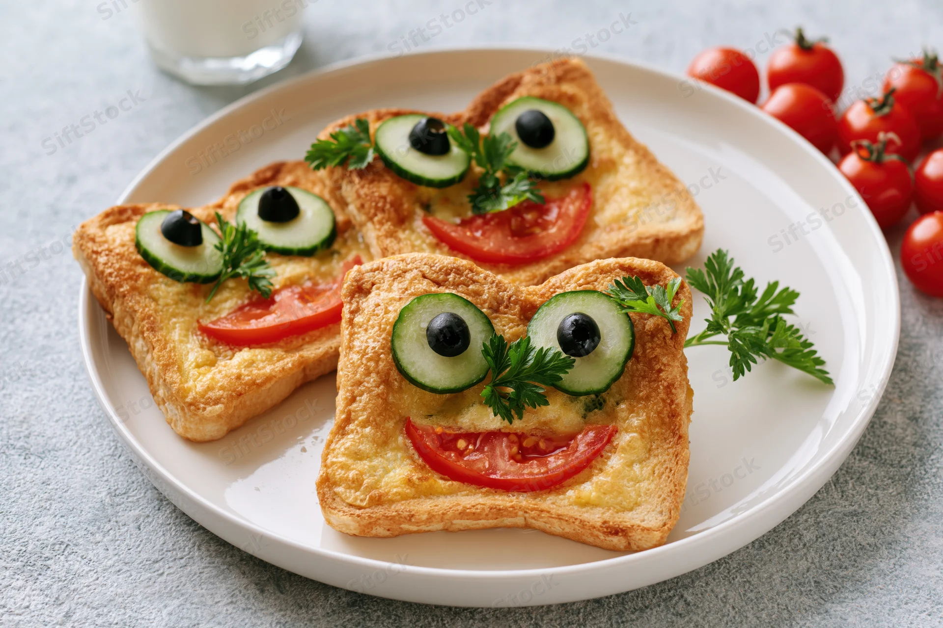 Three golden-fried toast slices with vegetable faces arranged on a white plate with milk and tomatoes nearby