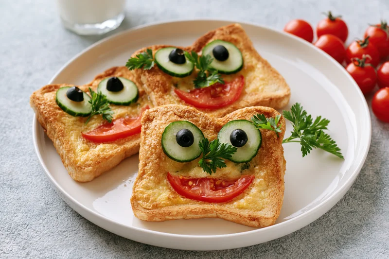 Three golden-fried toast slices with vegetable faces arranged on a white plate with milk and tomatoes nearby