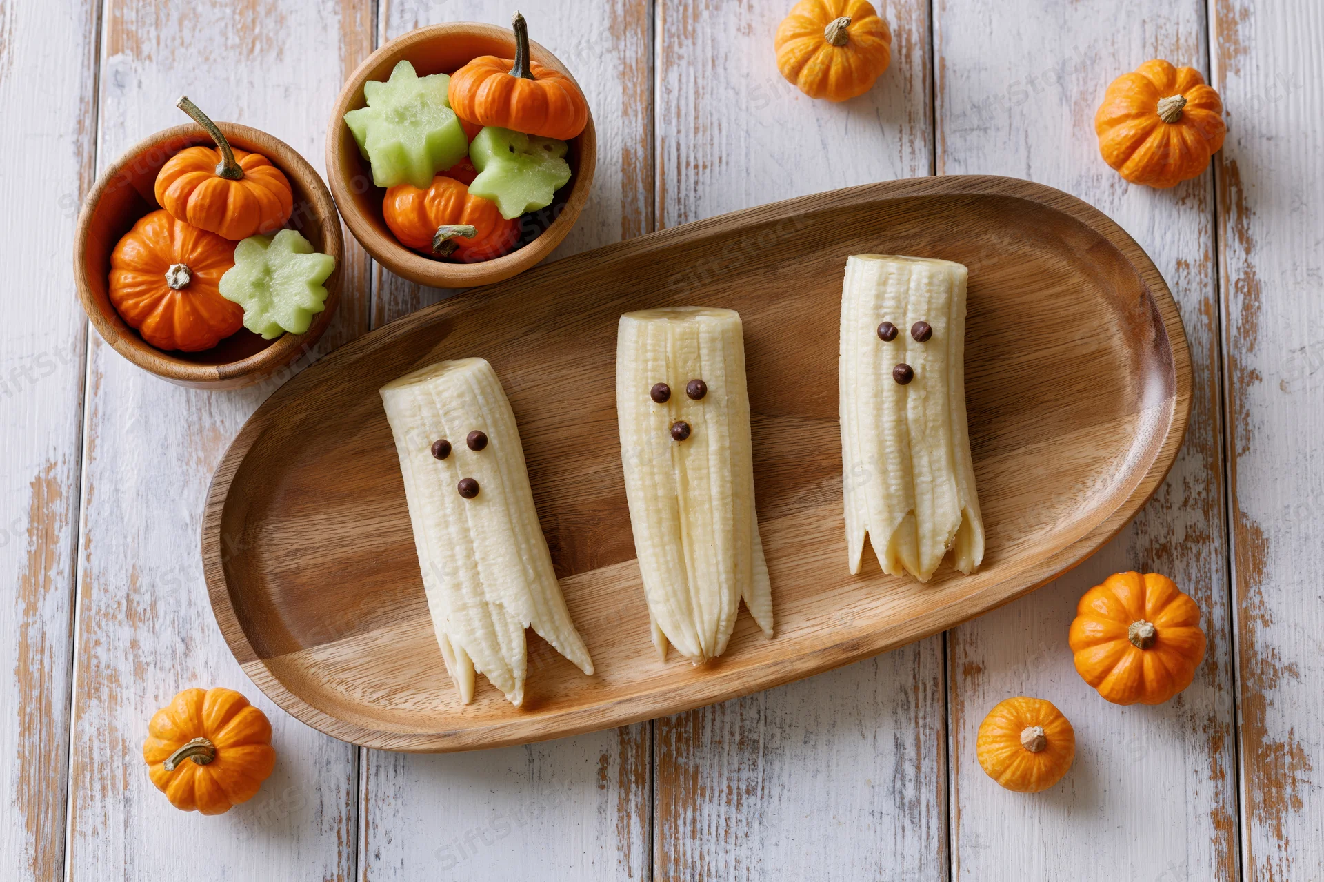 Three peeled bananas decorated with chocolate chips as ghost faces on a wooden tray with small pumpkins and melon stars around