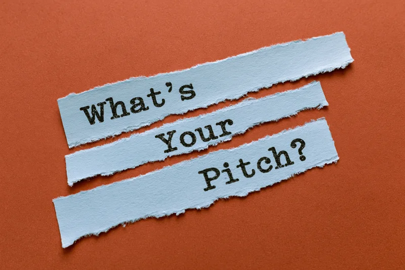 Torn blue paper strips with text what's your pitch arranged diagonally on orange surface