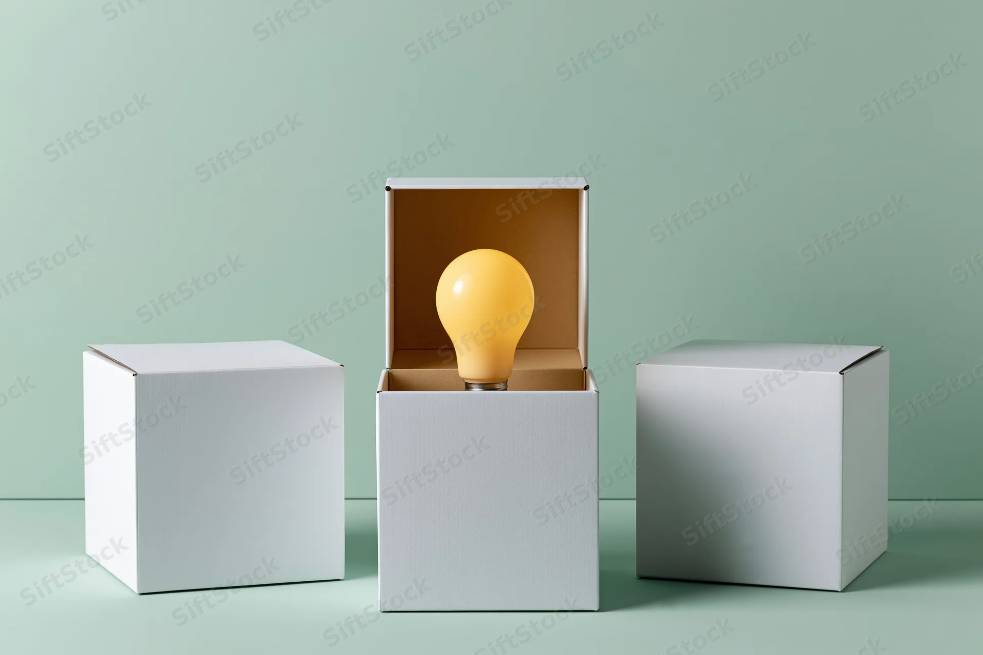 Lightbulb emerging from open white cardboard box in a row with two closed boxes on a mint green surface