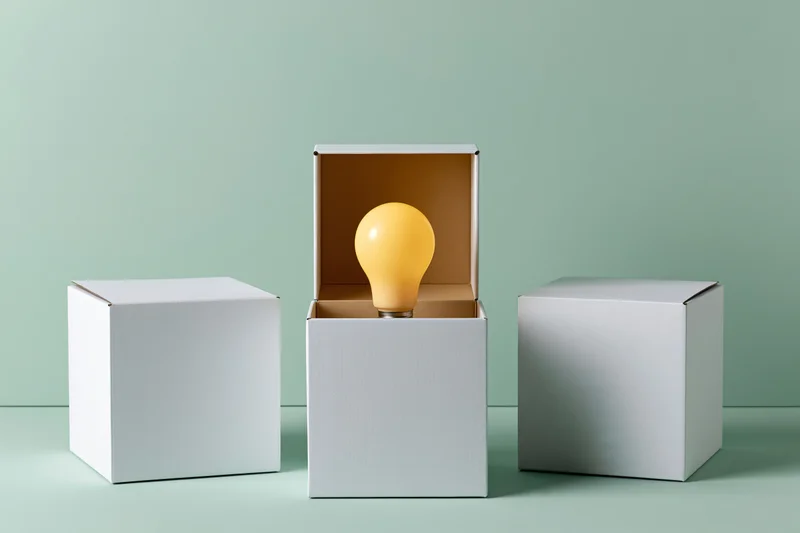 Lightbulb emerging from open white cardboard box in a row with two closed boxes on a mint green surface