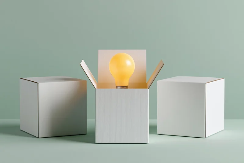 Three white cardboard boxes in a row with a glowing lightbulb emerging from the center one on a muted green surface