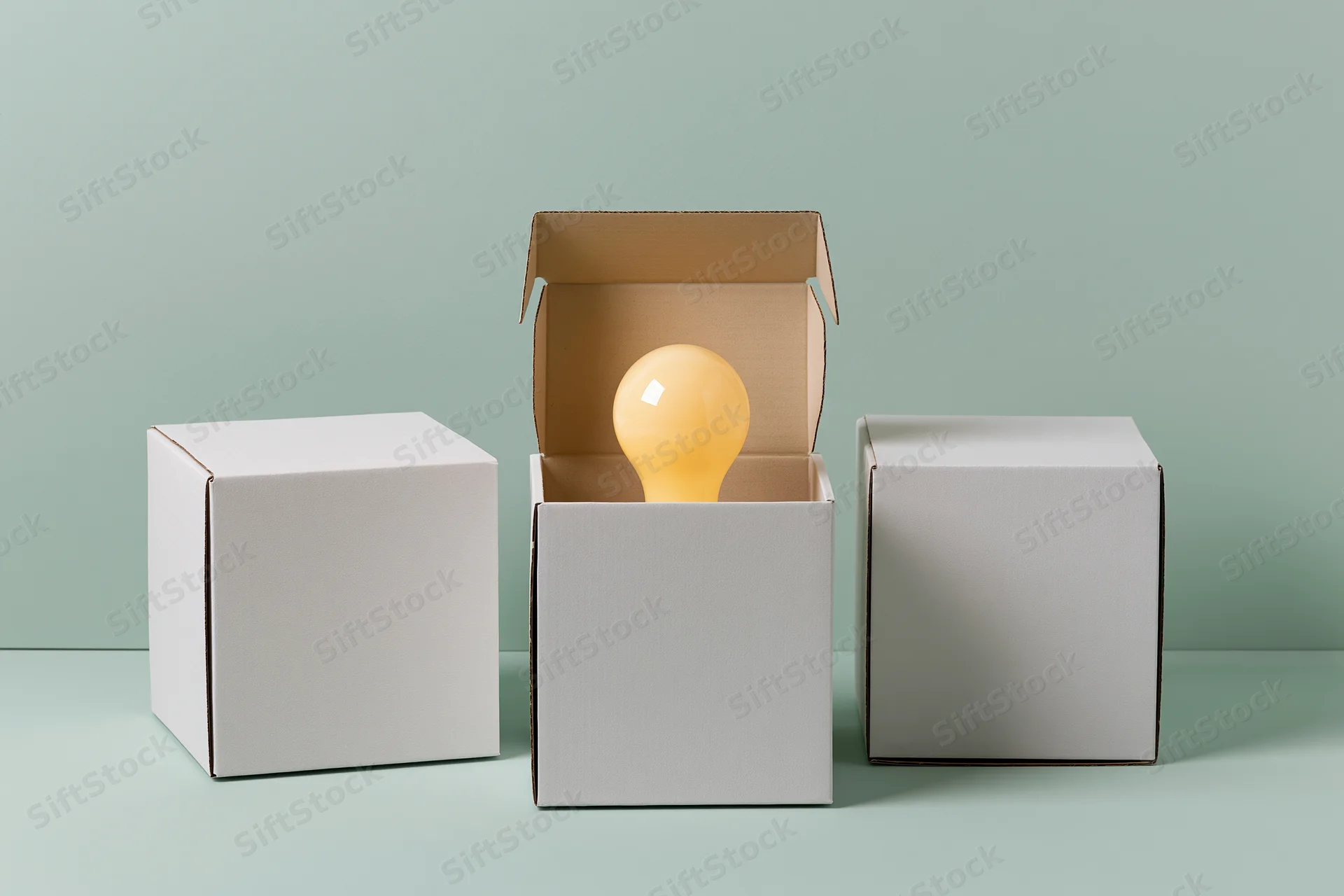 Three white cardboard boxes in a row with one open revealing a glowing lightbulb on a mint background