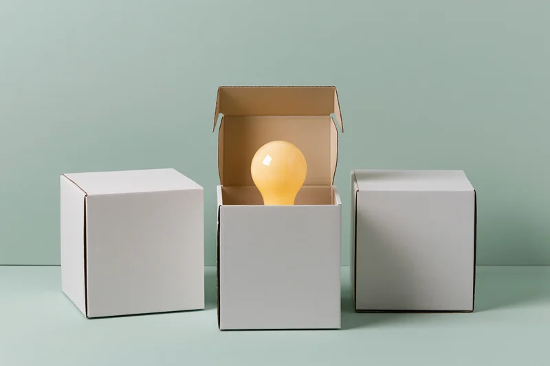 Three white cardboard boxes in a row with one open revealing a glowing lightbulb on a mint background