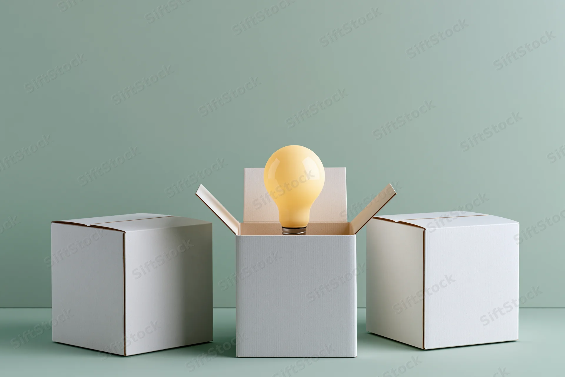 Lightbulb emerging from open cardboard box in a row of three on a plain surface