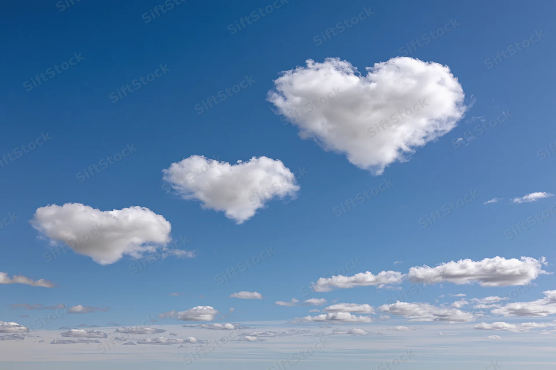 Three heart-shaped clouds floating in a clear blue sky