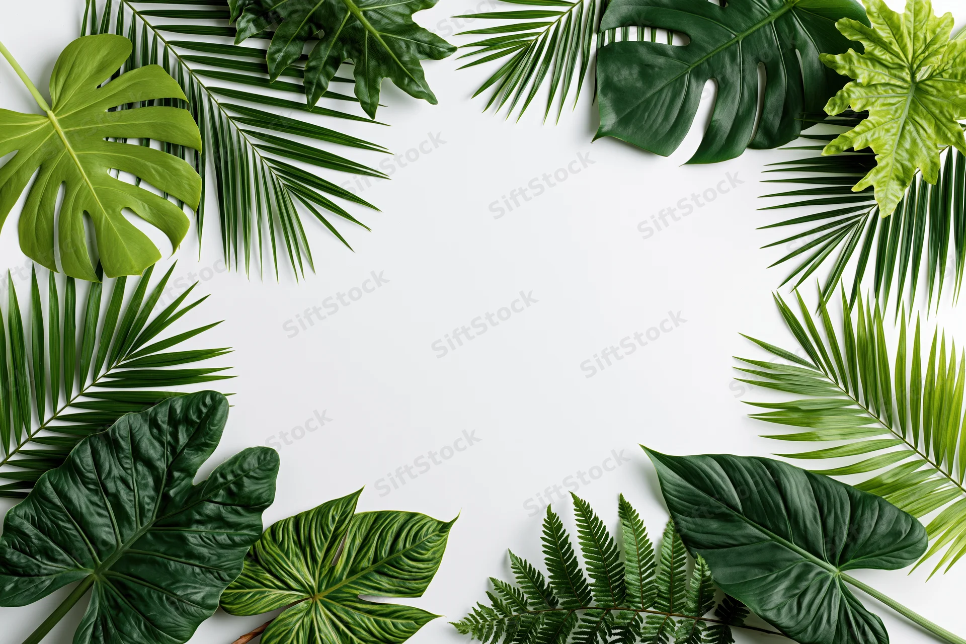 Tropical leaves arranged in a frame around a white background with copyspace