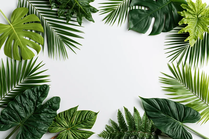 Tropical leaves arranged in a frame around a white background with copyspace