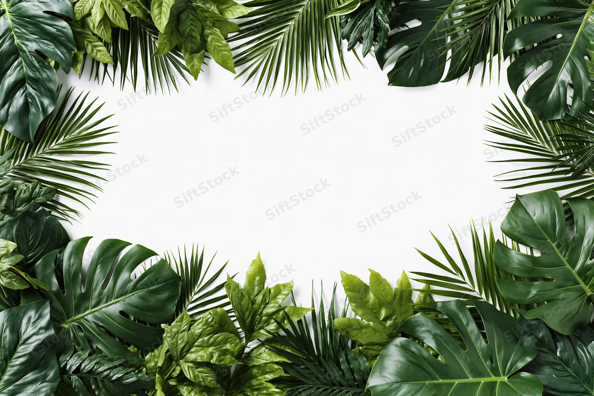 Tropical foliage arranged in a border frame around a white copyspace