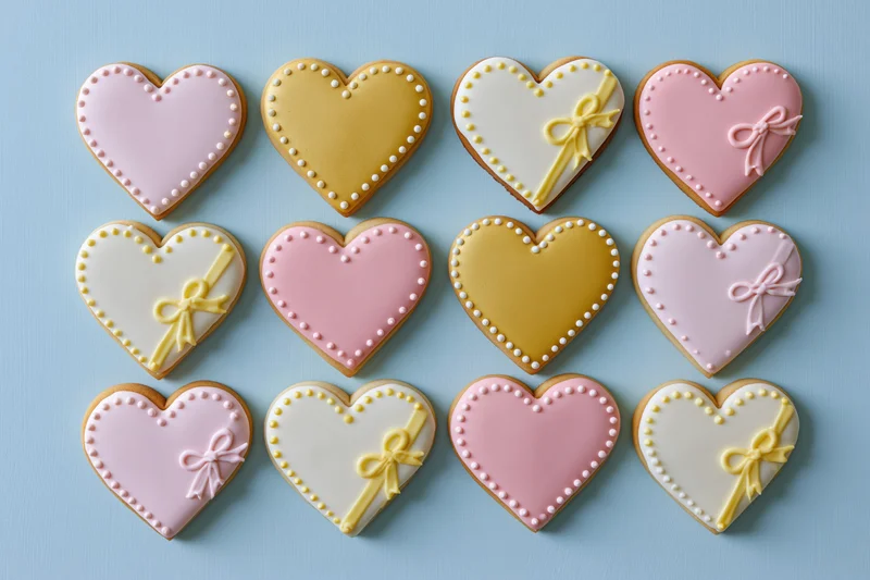 Twelve heart-shaped sugar cookies decorated with pastel icing and bows arranged in a grid on a blue surface