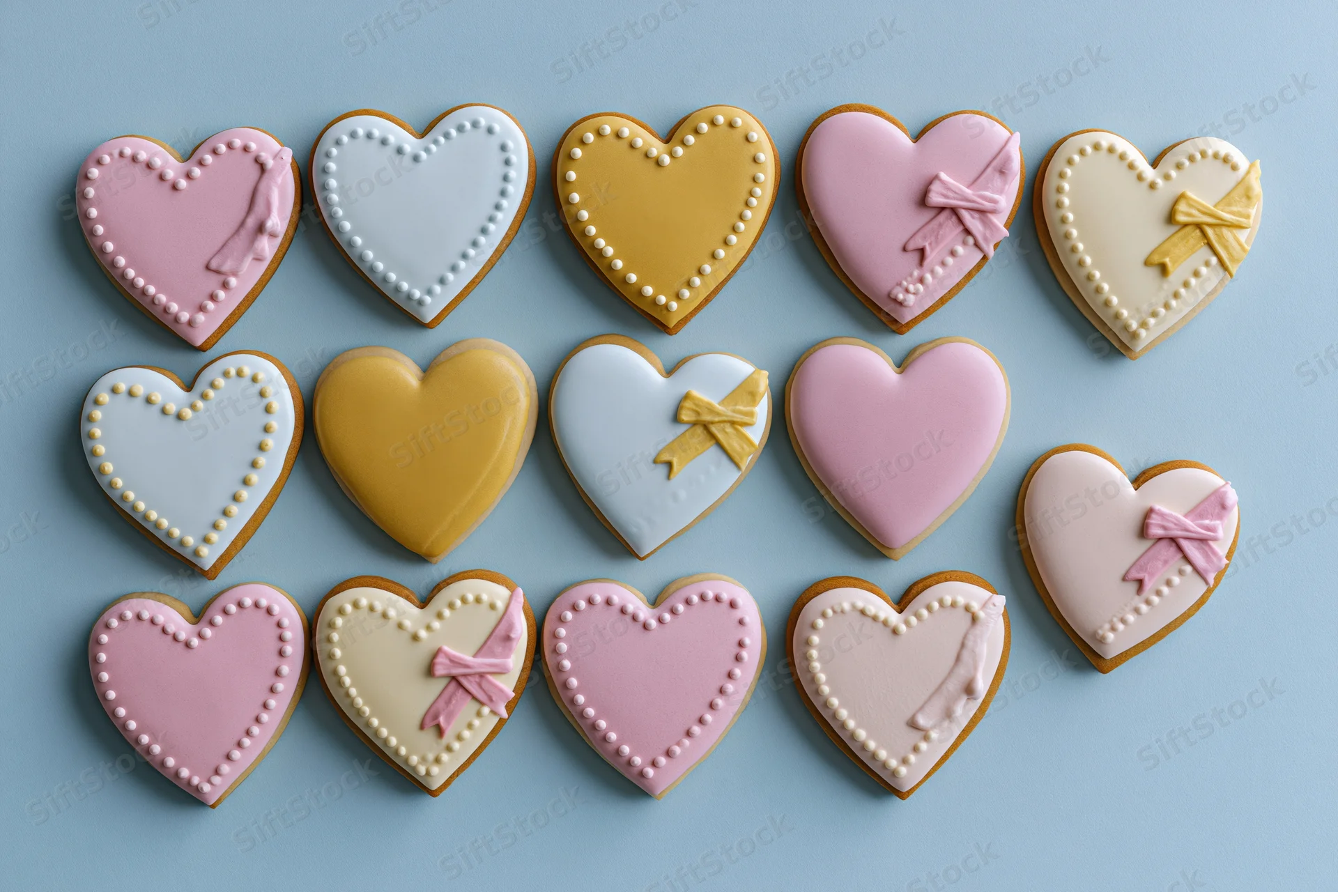 Heart-shaped sugar cookies decorated with icing and bows arranged in rows on a pastel blue surface