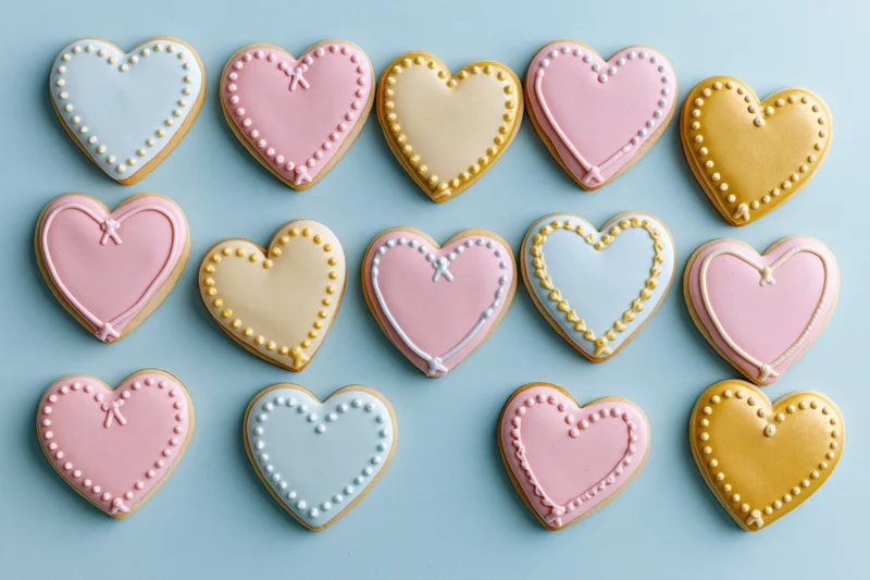 Heart-shaped sugar cookies decorated with pastel icing arranged in rows on a light blue surface
