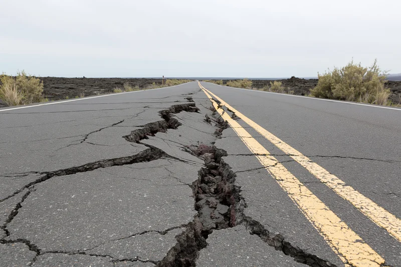 Cracked asphalt road with deep fissures running down the center dividing the lanes, surrounded by volcanic terrain and sparse shrubs under an overcast sky