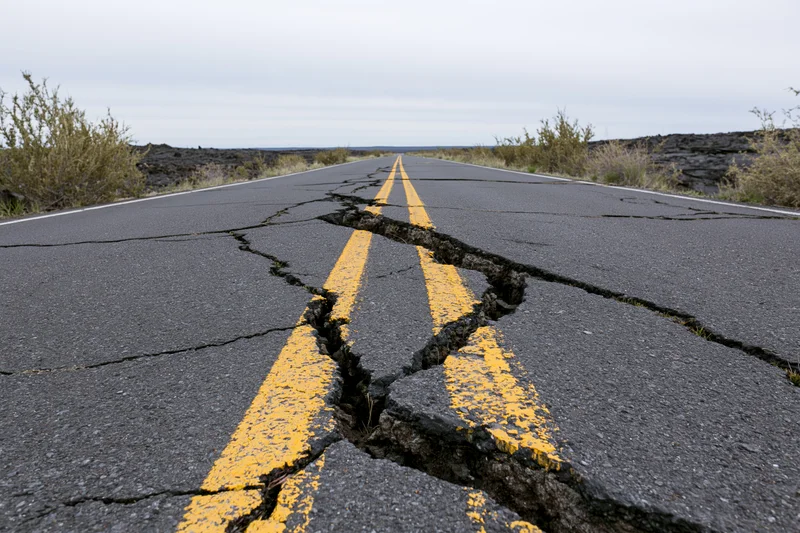 Cracked asphalt road with broken yellow center line in volcanic desert landscape