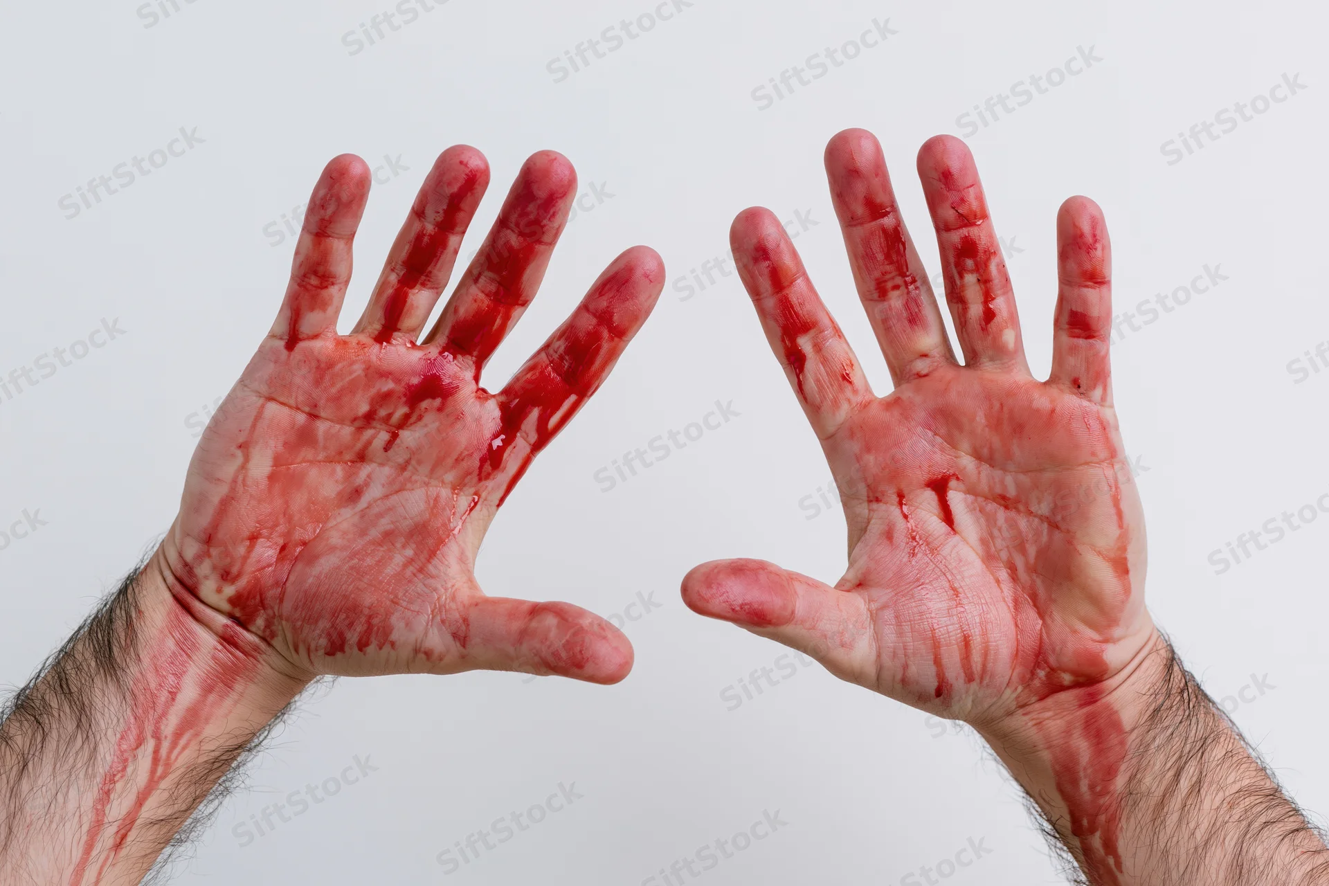 Two adult male hands raised palms forward covered in blood against white background