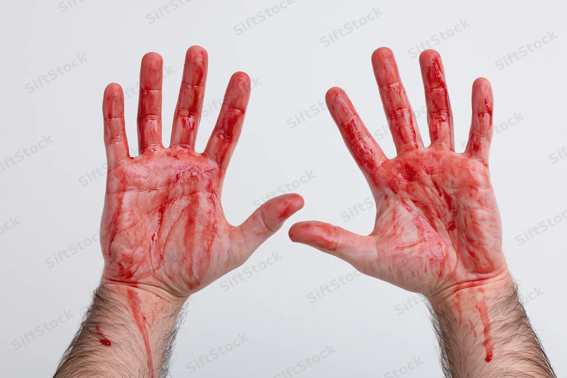 Two adult male hands covered in blood, palms facing forward, raised against white background
