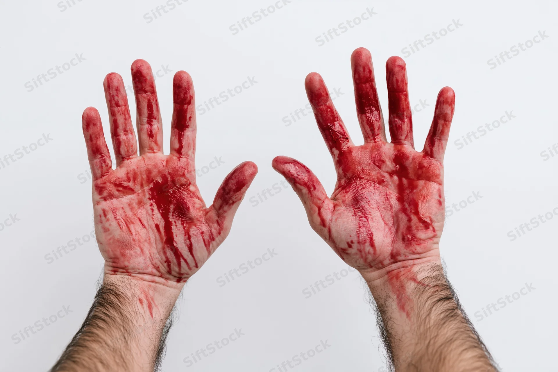 Two adult male hands raised palms forward covered in blood against white background