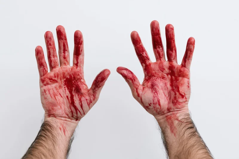 Two adult male hands raised palms forward covered in blood against white background