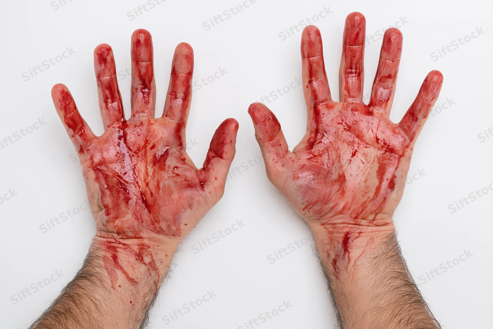 Two adult male hands with blood on palms and wrists raised against white background