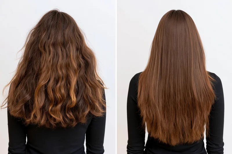 Woman’s back view showing wavy brown hair before and straight smooth hair after treatment, side-by-side comparison