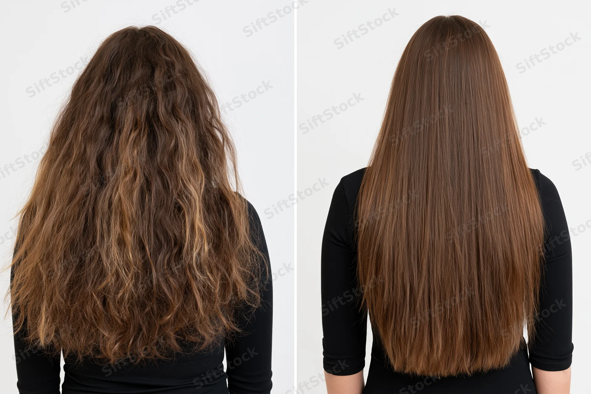 Back view of a woman showing wavy hair before and straight hair after treatment, side by side comparison