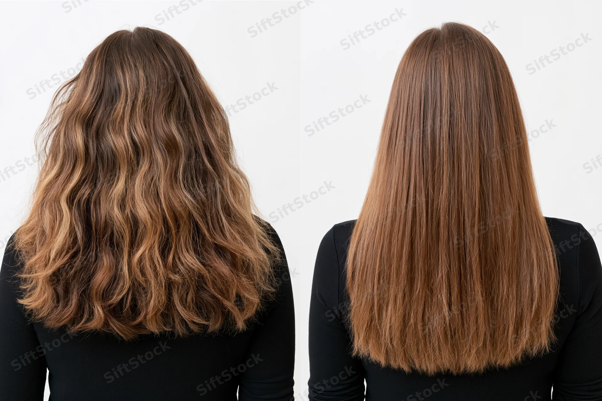 Back view of a woman showing wavy hair before and straight hair after treatment, side by side comparison