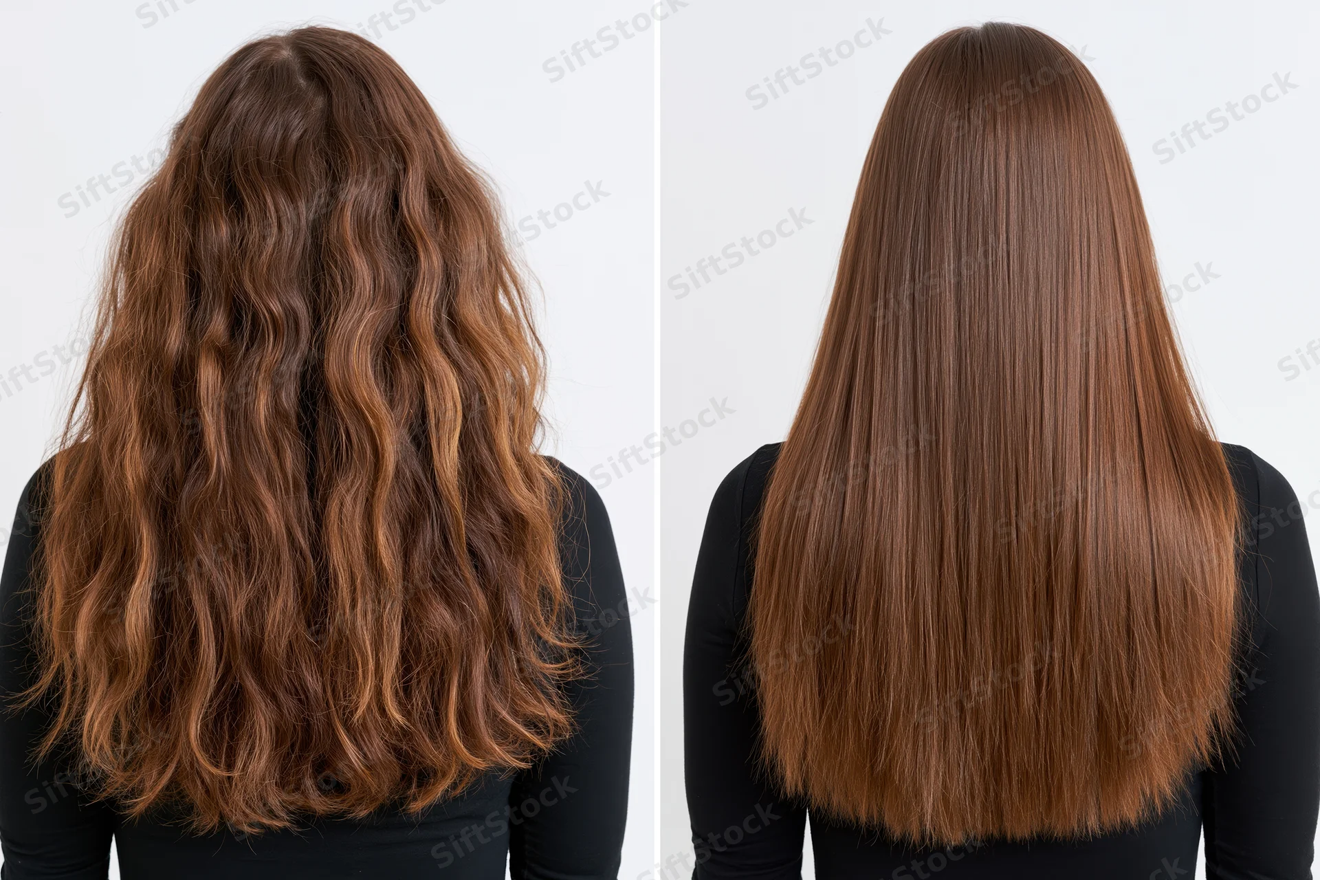 Woman with long brown hair shown before and after straightening treatment, back view side by side