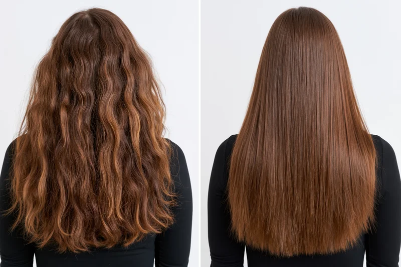 Woman with long brown hair shown before and after straightening treatment, back view side by side