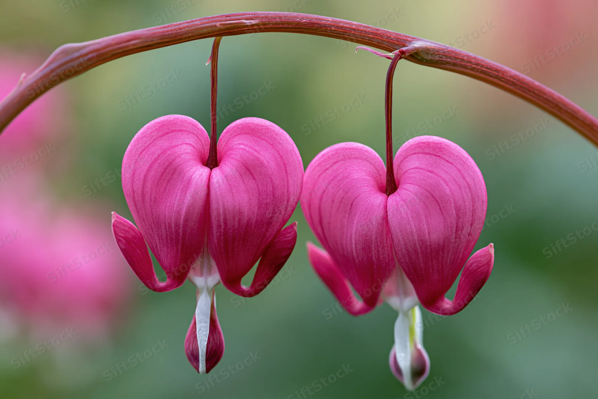 Two pink bleeding heart flowers hanging from an arching stem in a garden